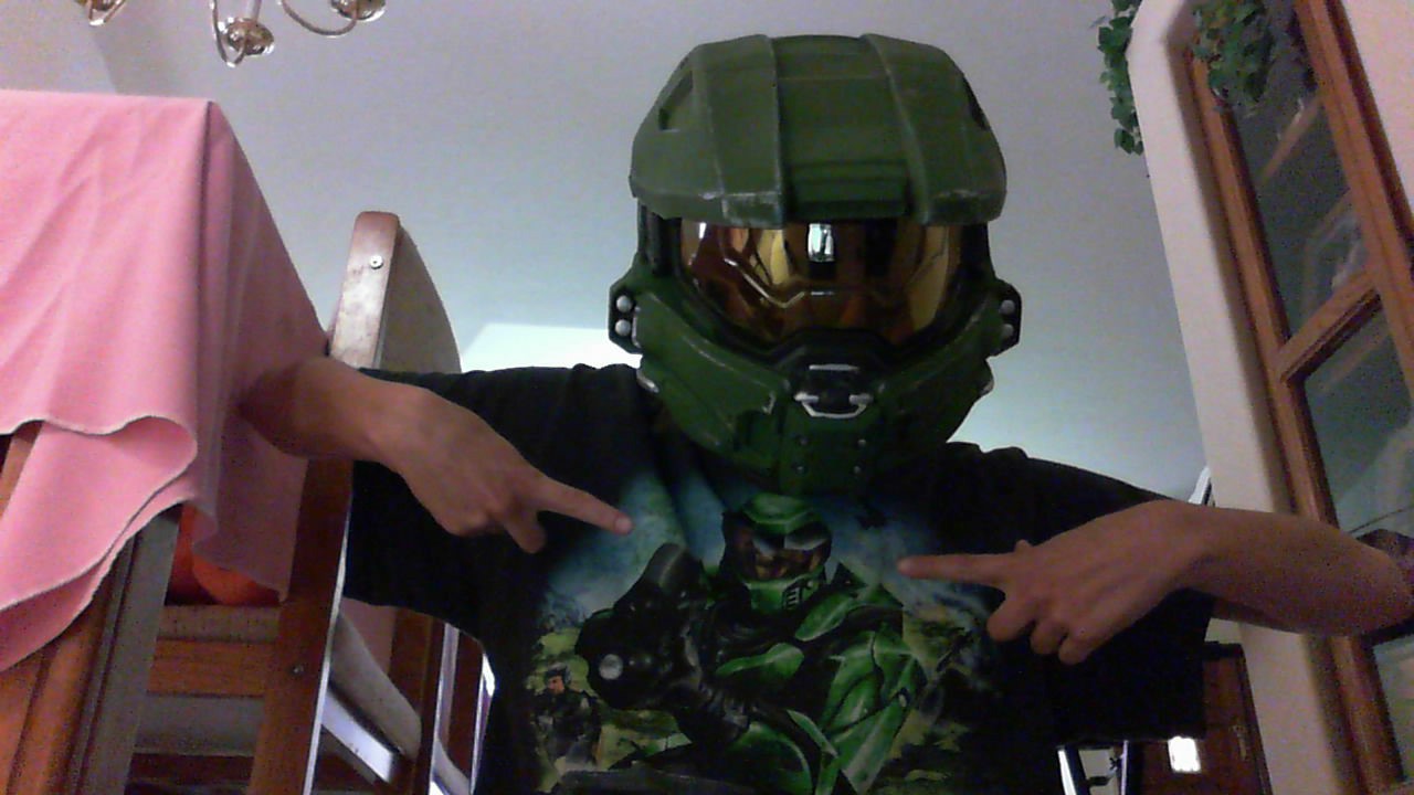 Me wearing my Master Chief helmet and T-shirt